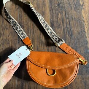 S-Zone Tan Leather Crossbody Bag with Embroidered Strap